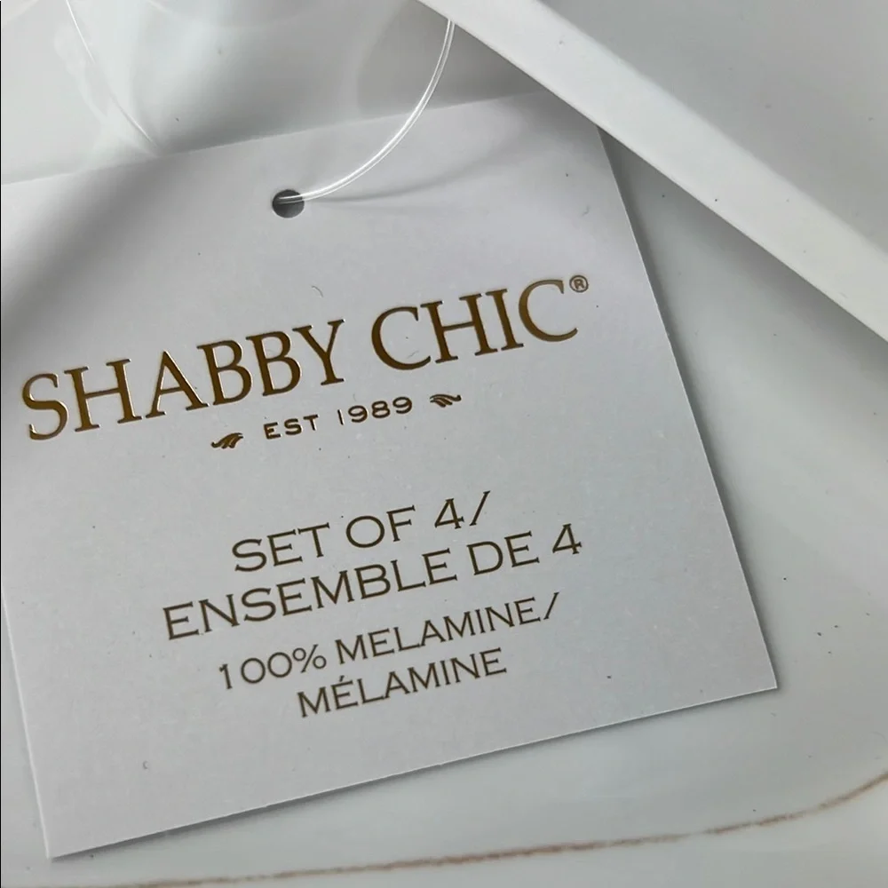 Shabby Chic Melamine Plates 8 pc Set 4 Dinner 4 Salad White Tan Edge NEW